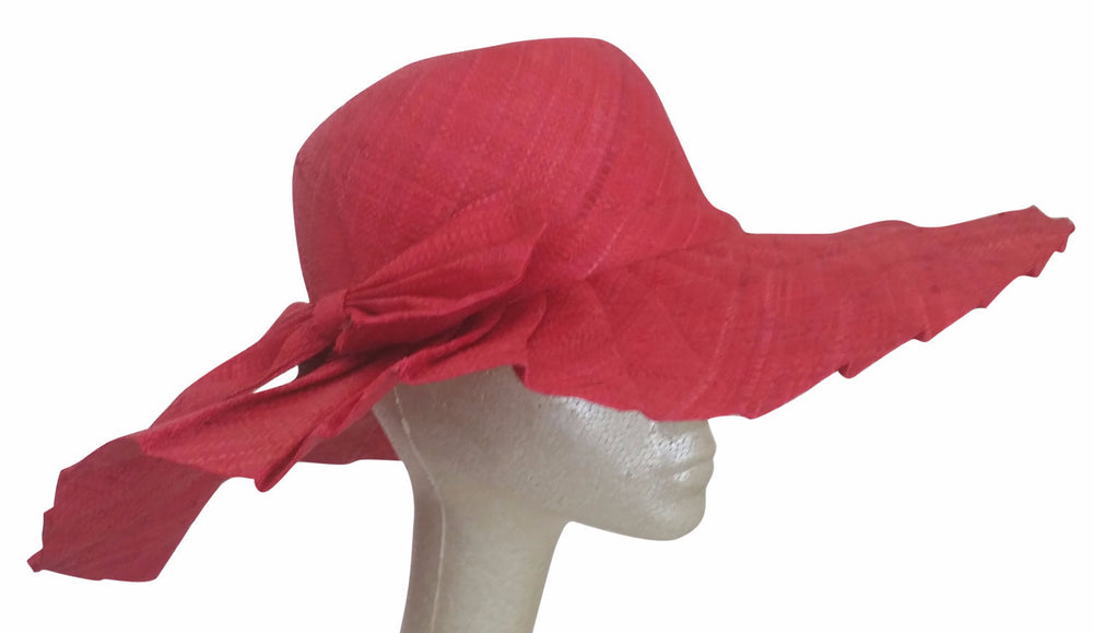 Neema: Hand Woven Pleated Red Madagascar Raffia Sun Hat