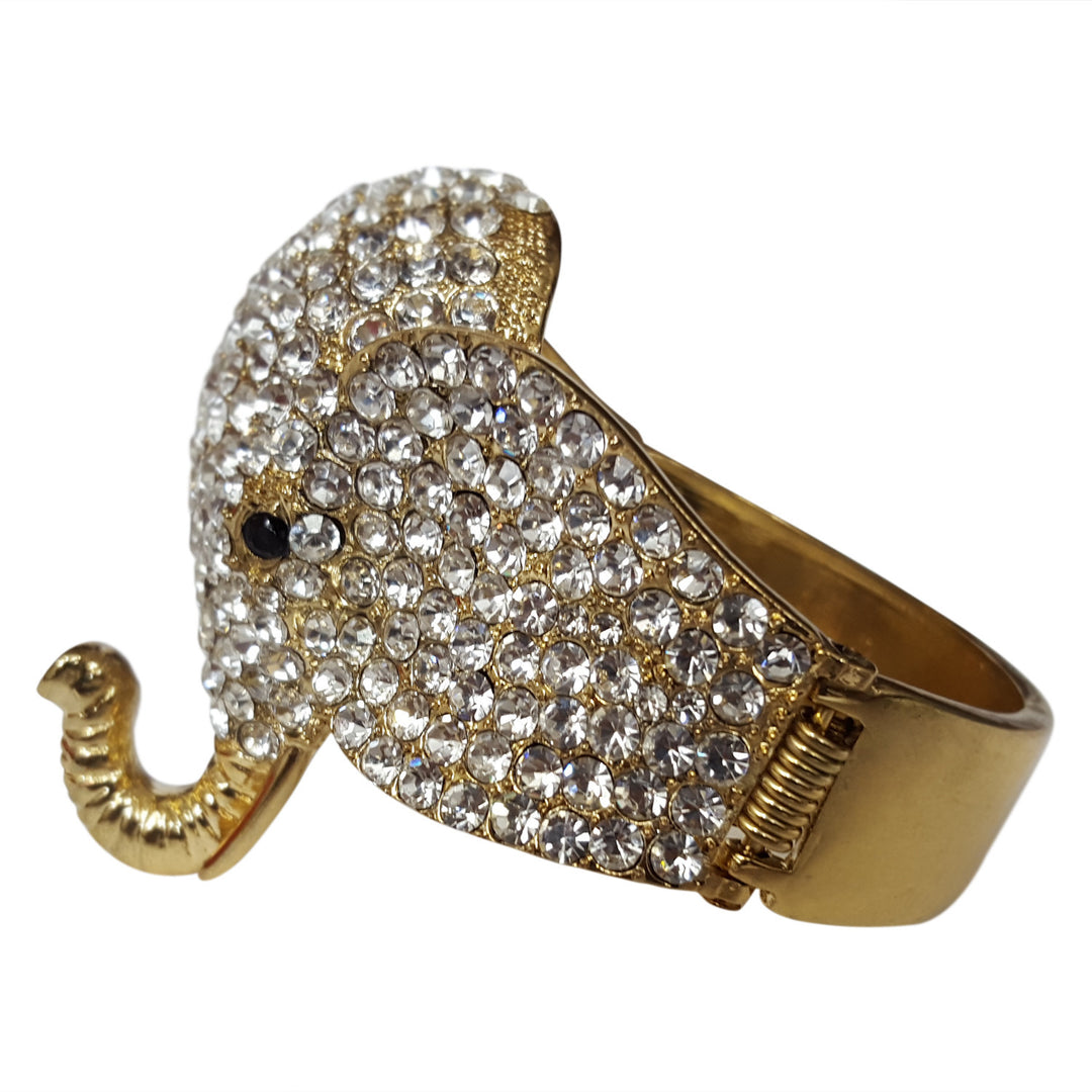 Elephant Head Bling Hinged Bangle Bracelet (Gold Toned)