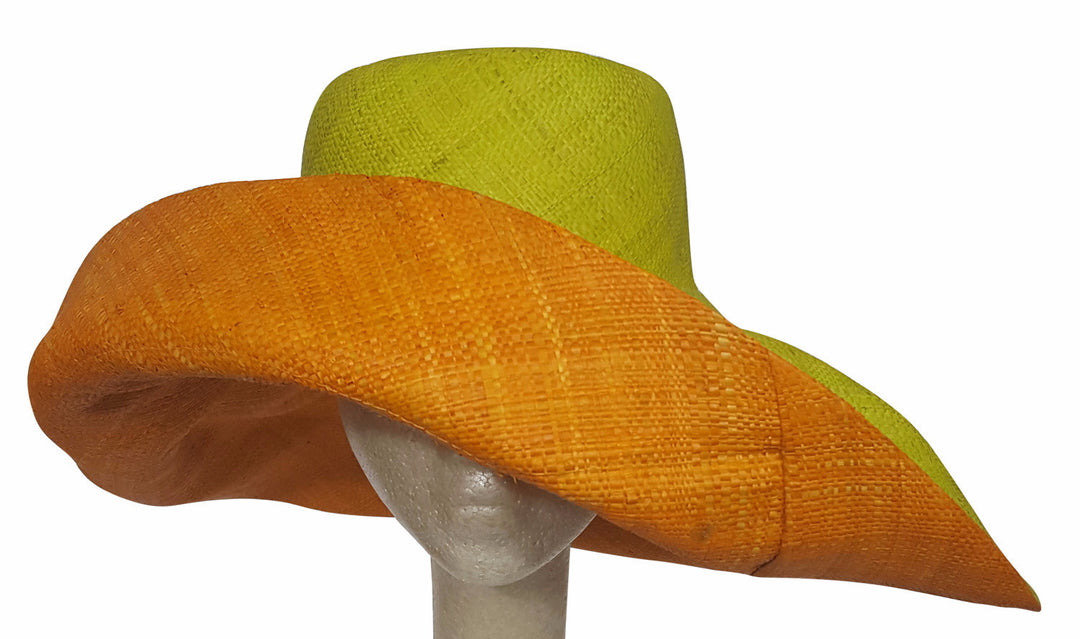 Abam: Hand Made Lime and Orange Madagascar Big Brim Raffia Sun Hat