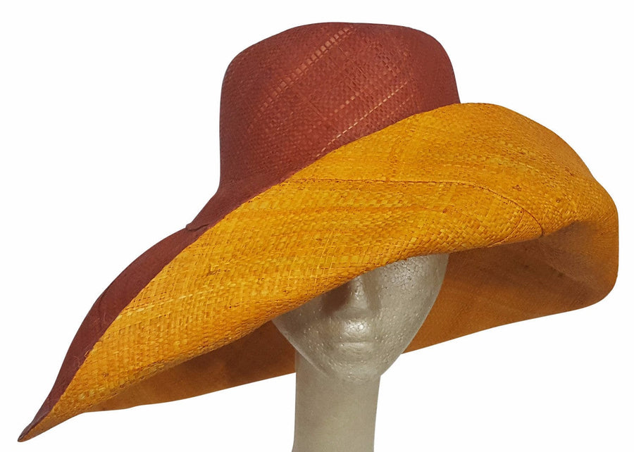 Abayomi: Hand Made Burnt Orange and Orange Madagascar Big Brim Raffia Sun Hat