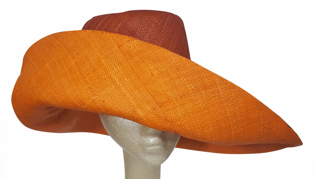 Abdalla: Hand Made Burnt Orange and Dark Orange Madagascar Big Brim Raffia Sun Hat