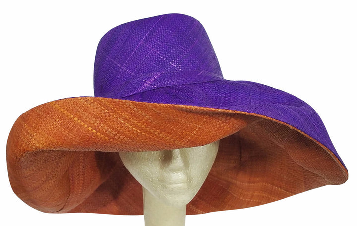 Adedagbo: Authentic African Hand Made Purple and Burnt Orange Madagascar Big Brim Raffia Sun Hat