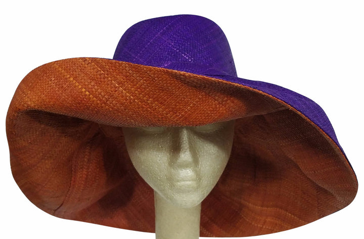 Adedagbo: Authentic African Hand Made Purple and Burnt Orange Madagascar Big Brim Raffia Sun Hat