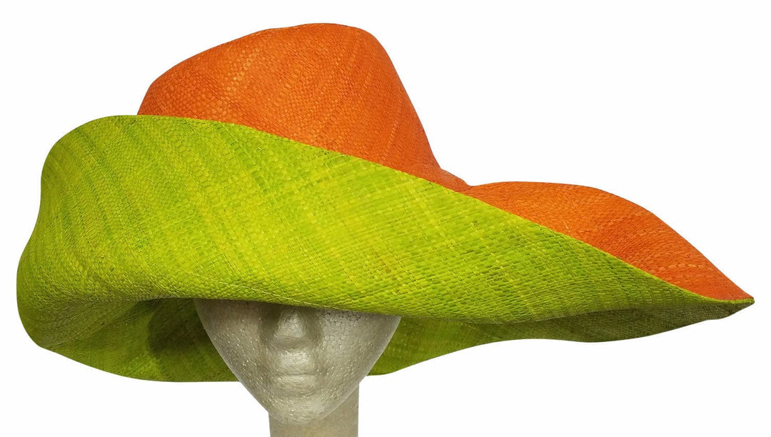 Adeleka: Authentic African Hand Made Orange and Lime Madagascar Big Brim Raffia Sun Hat