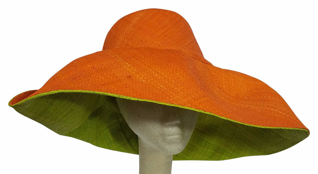 Adeleka: Authentic African Hand Made Orange and Lime Madagascar Big Brim Raffia Sun Hat