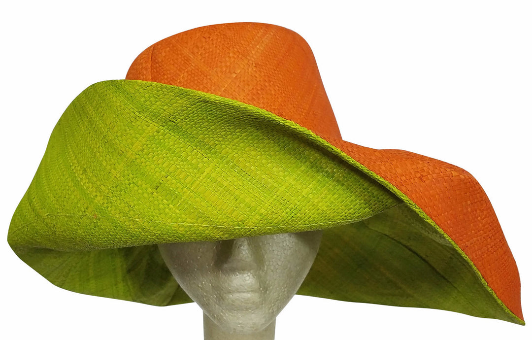 Adeleka: Authentic African Hand Made Orange and Lime Madagascar Big Brim Raffia Sun Hat