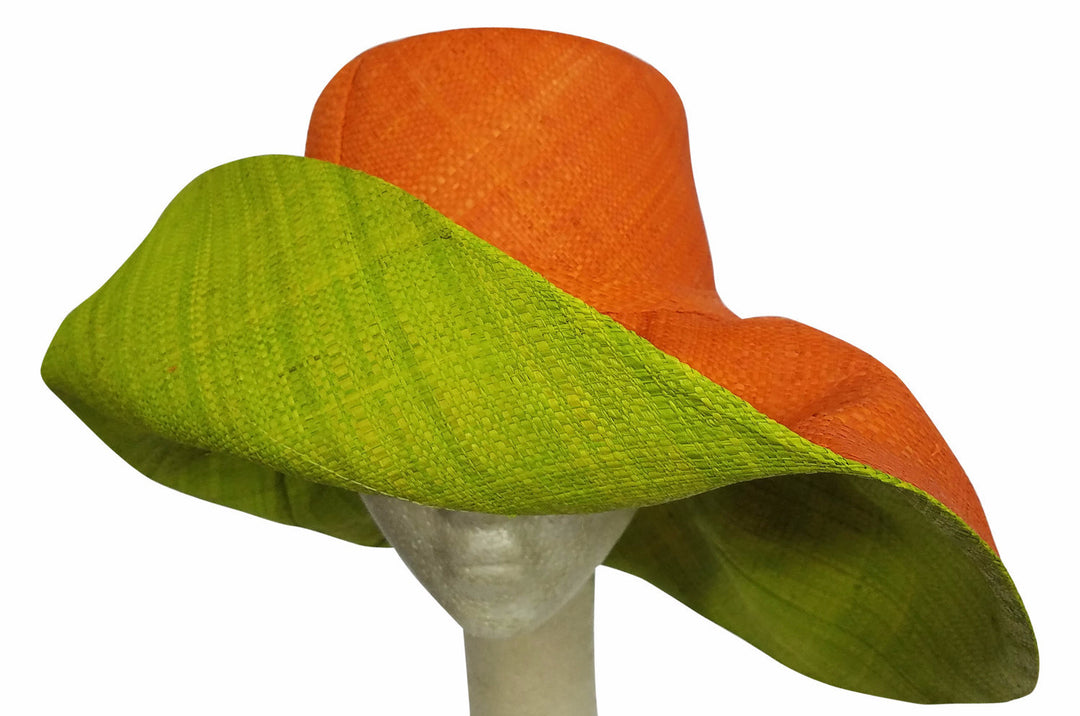 Adeleka: Authentic African Hand Made Orange and Lime Madagascar Big Brim Raffia Sun Hat