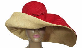 Zalika: Authentic African Hand Made Red and Natural Madagascar Big Brim Raffia Sun Hat