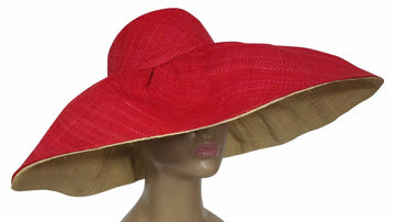 Zalika: Authentic African Hand Made Red and Natural Madagascar Big Brim Raffia Sun Hat