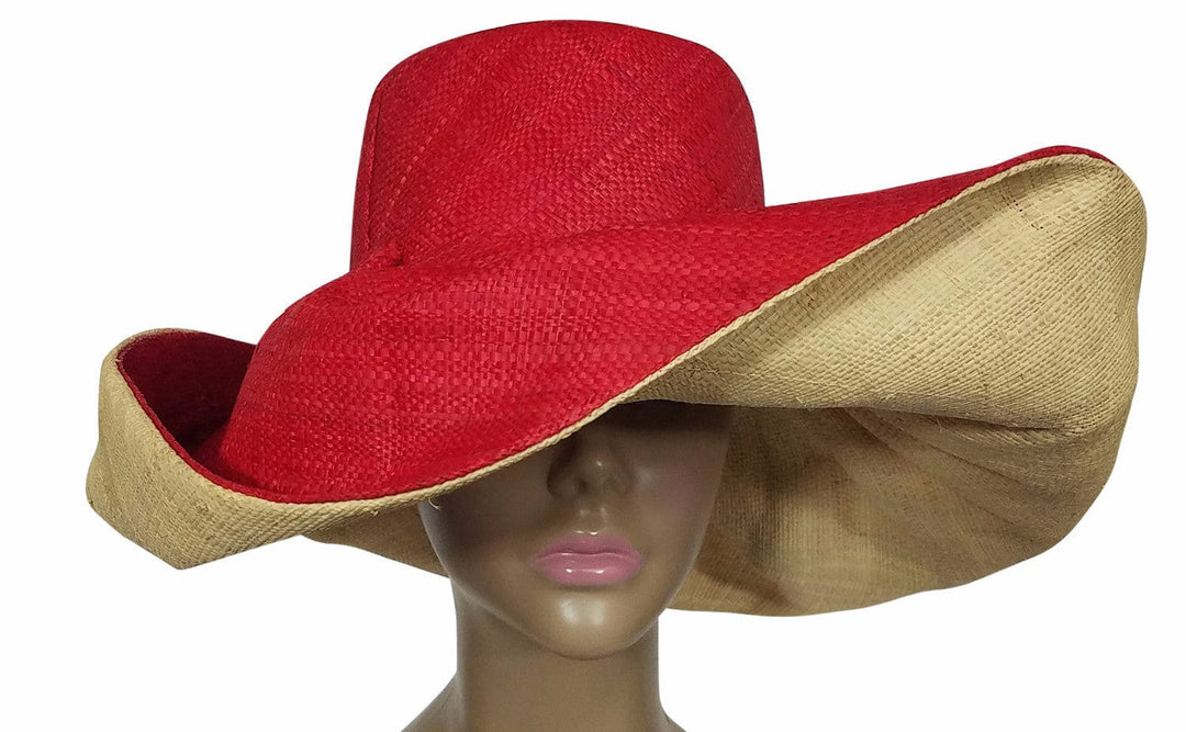 Zalika: Authentic African Hand Made Red and Natural Madagascar Big Brim Raffia Sun Hat