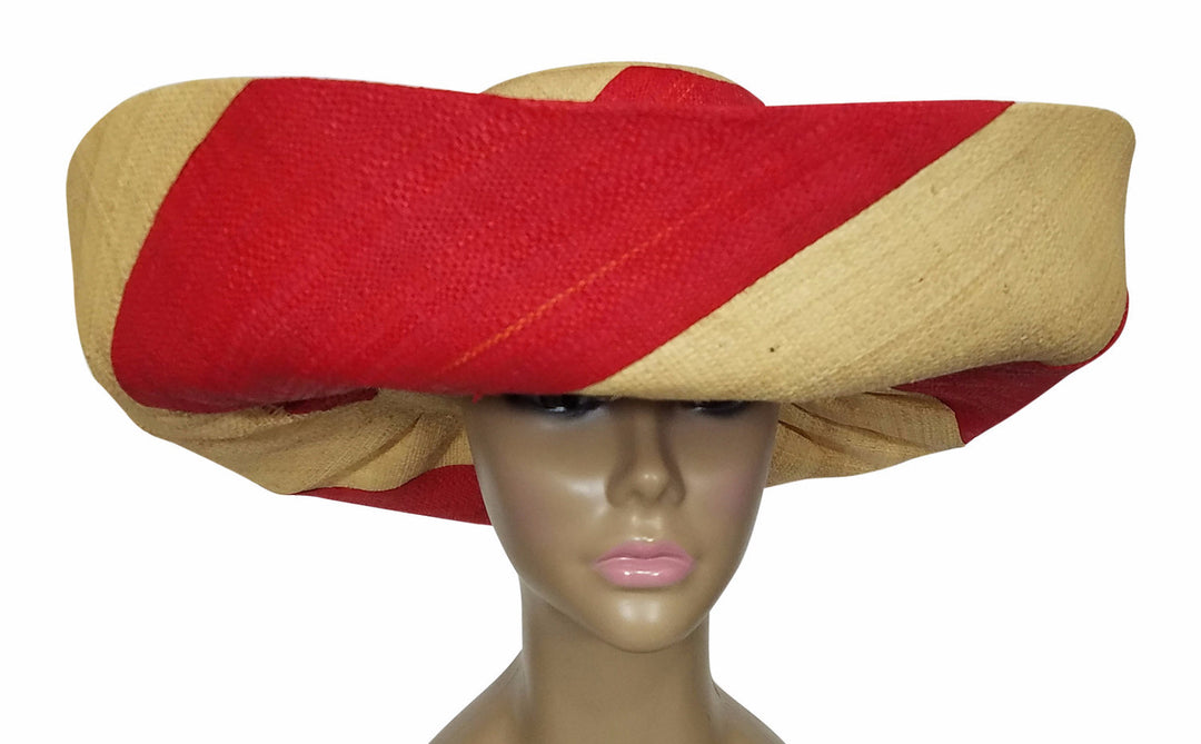 Yamina: Authentic African Hand Made Red & Natural Swirl Madagascar Big Brim Raffia Sun Hat