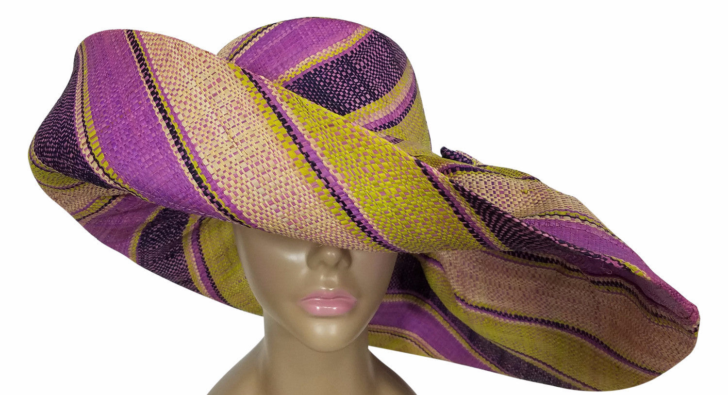 1 of 3: Cher: Authentic African Hand Made Muti-Colored Madagascar Big Brim Raffia Sun Hat