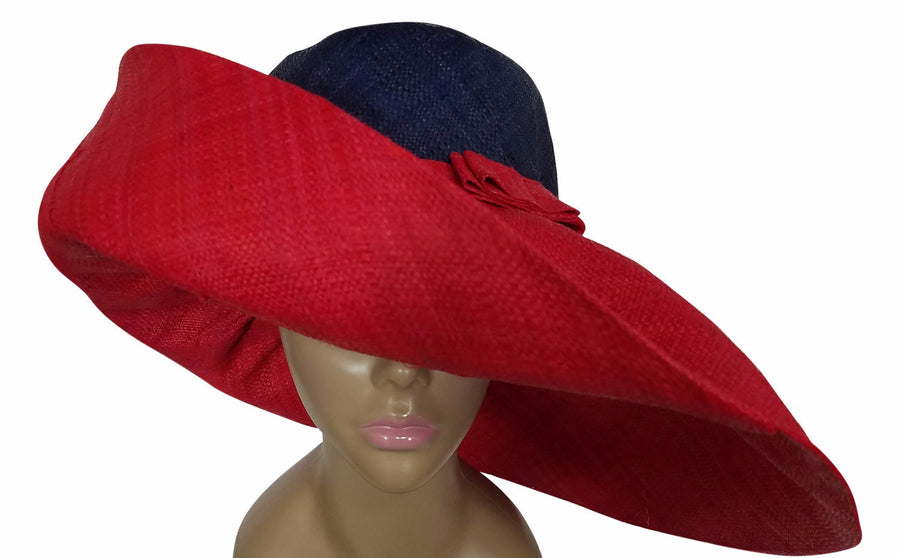 Zakiya: Authentic African Hand Made Red & Blue Madagascar Big Brim Raffia Sun Hat