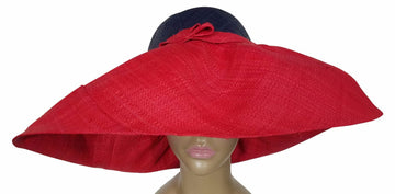 Zakiya: Authentic African Hand Made Red & Blue Madagascar Big Brim Raffia Sun Hat