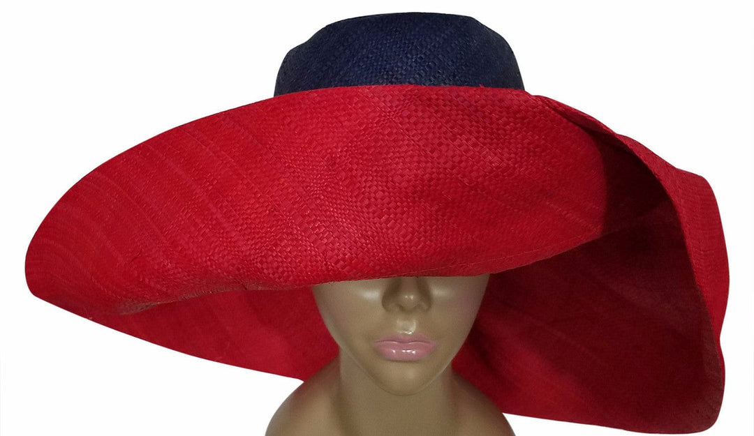 Zakiya: Authentic African Hand Made Red & Blue Madagascar Big Brim Raffia Sun Hat
