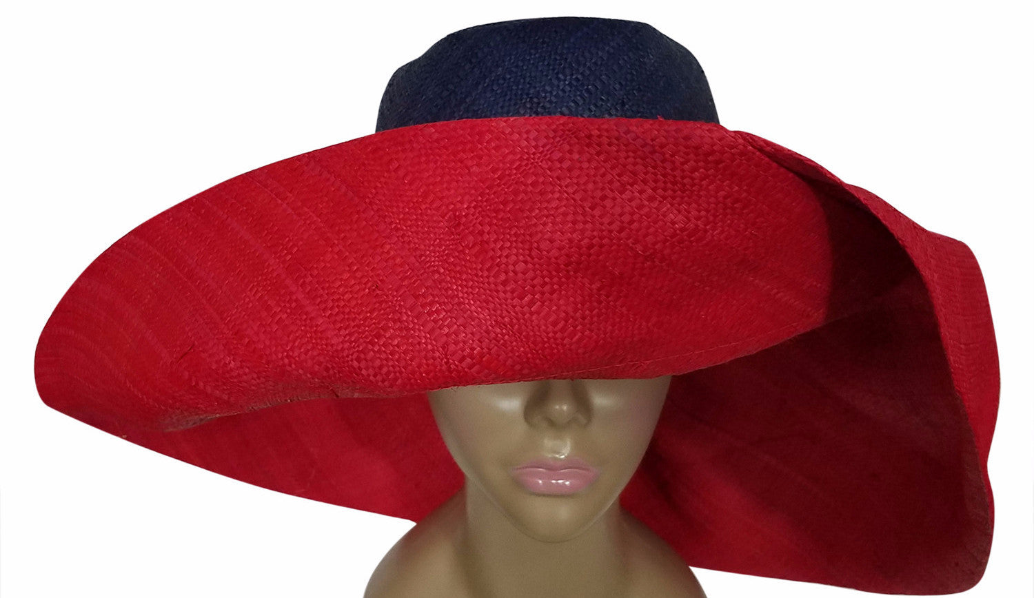 3 of 3: Zakiya: Authentic African Hand Made Red & Blue Madagascar Big Brim Raffia Sun Hat