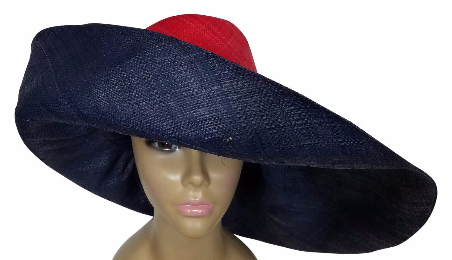 2 of 3: Zainabu: Authentic African Hand Made Red & Blue Madagascar Big Brim Raffia Sun Hat