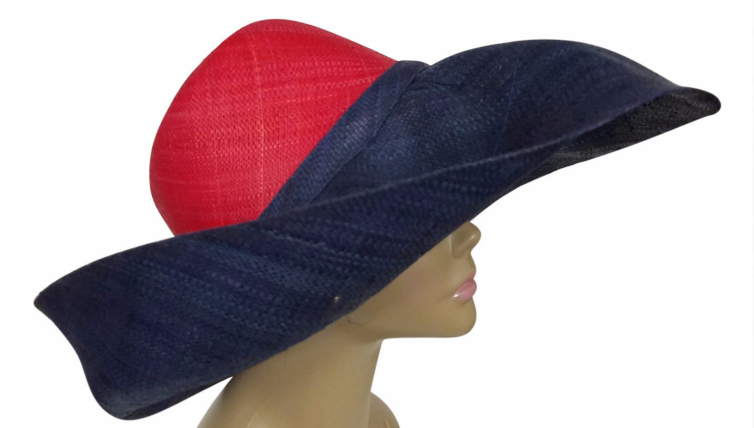 3 of 3: Zainabu: Authentic African Hand Made Red & Blue Madagascar Big Brim Raffia Sun Hat