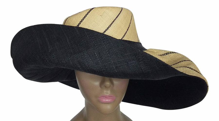 Fumnaya: Authentic African Hand Made Black and Natural Madagascar Big Brim Raffia Sun Hat