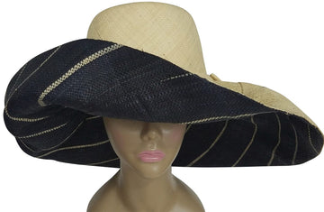 Efia: Authentic African Hand Made Black and Natural Madagascar Big Brim Raffia Sun Hat