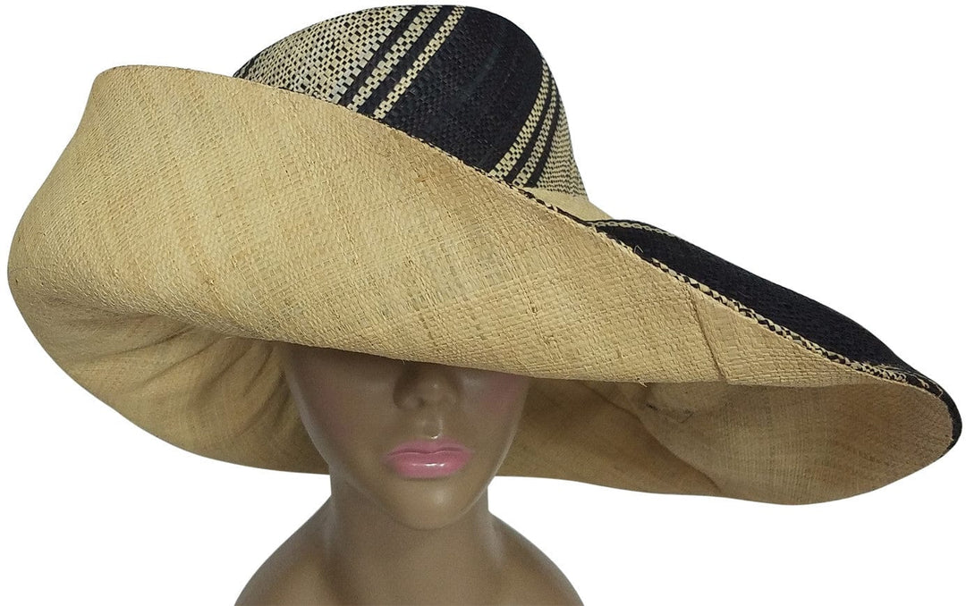 Esi: Authentic African Hand Made Black and Natural Madagascar Big Brim Raffia Sun Hats