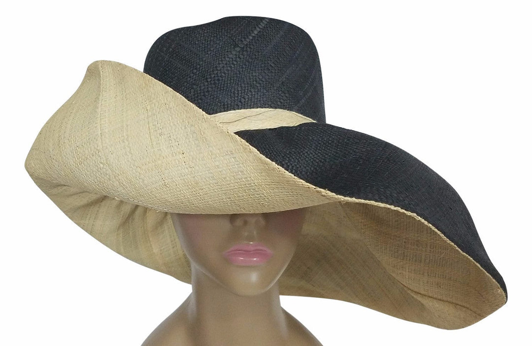 Baako: Authentic African Hand Made Black and Natural Madagascar Big Brim Raffia Sun Hat