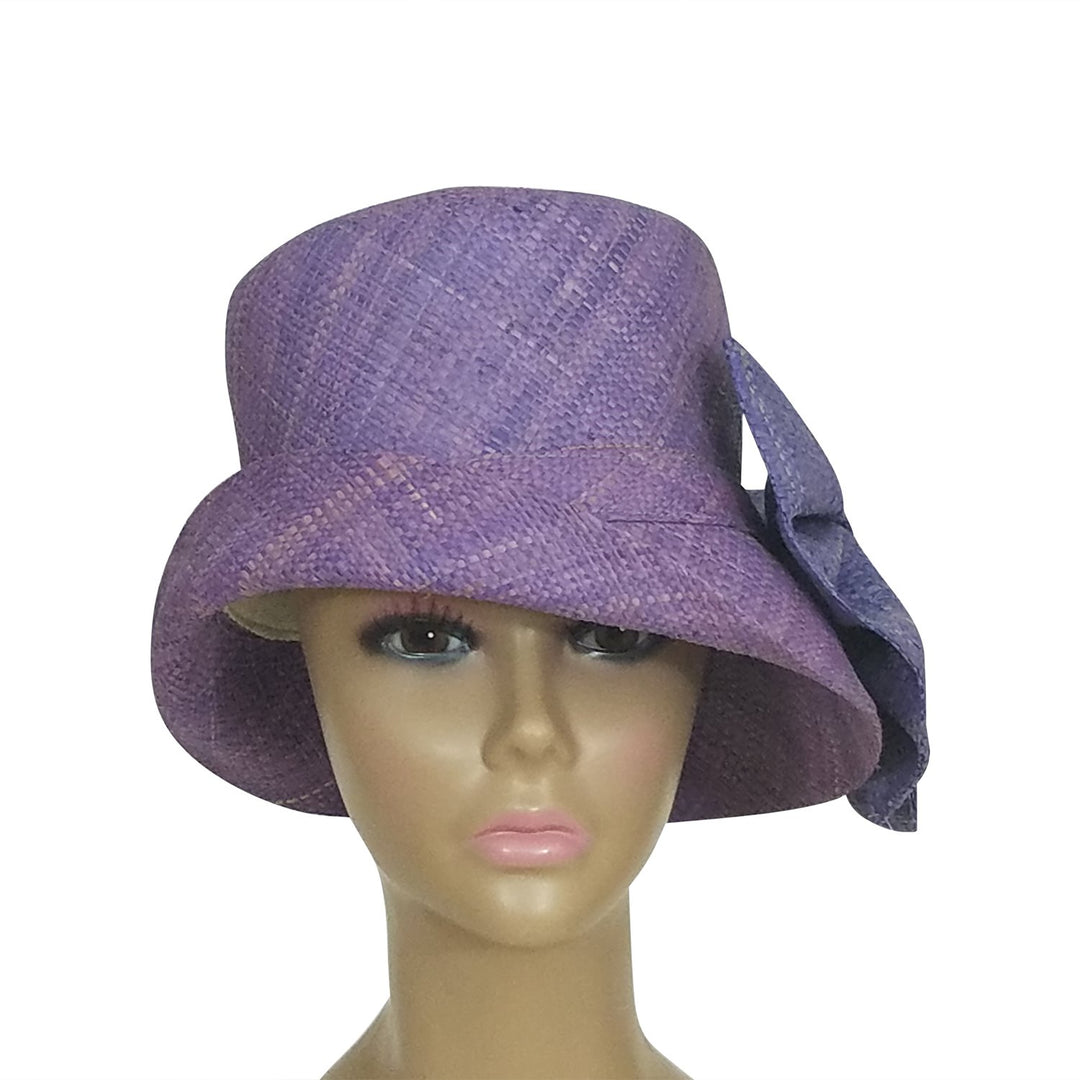 Abigay: Authentic African Hand Woven Lavender Madagascar Bell Shaped Raffia Hat with Bow