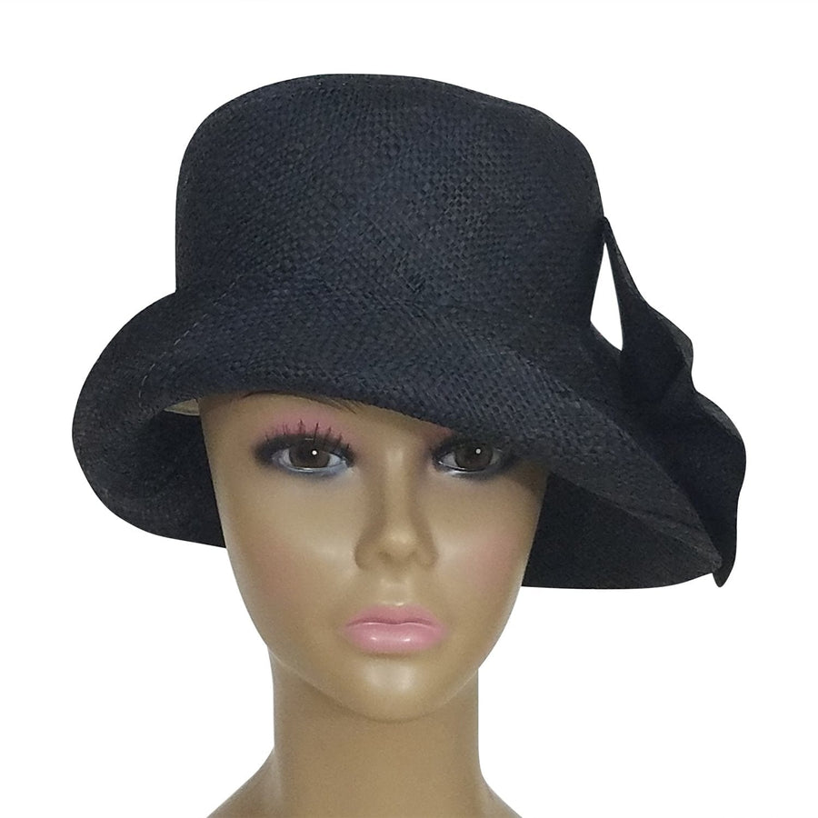 Durene: Authentic African Hand Woven Black Madagascar Bell Shaped Raffia Hat with Bow