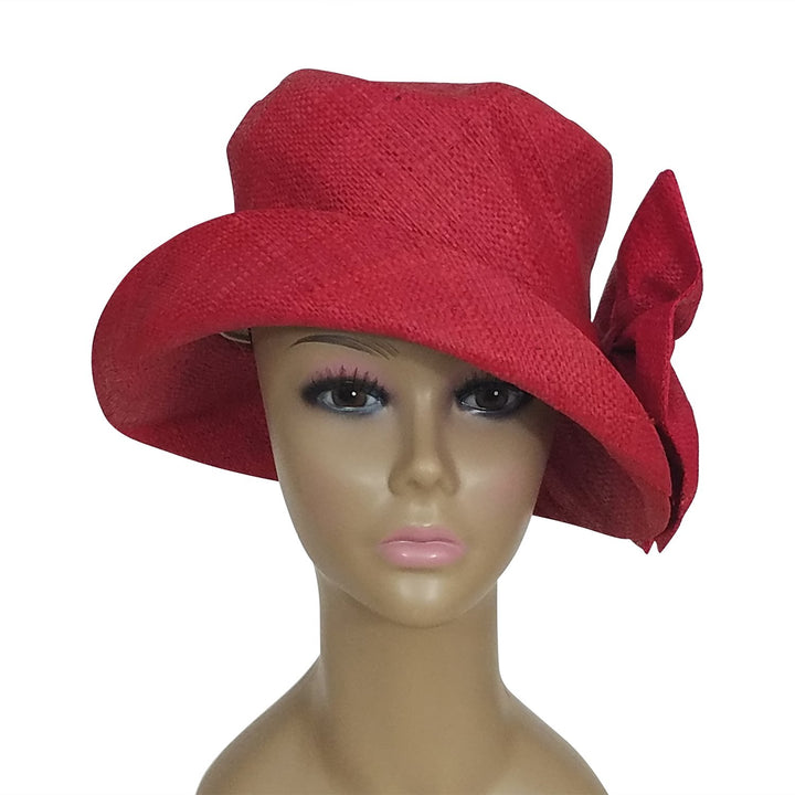 Eralia: Authentic African Hand Woven Red Madagascar Bell Shaped Raffia Hat with Bow