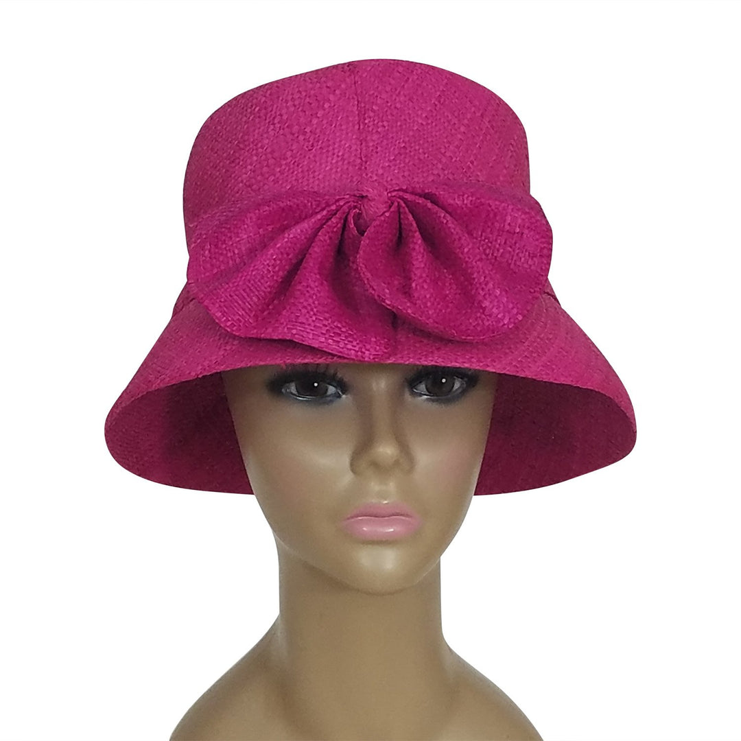 Alvita: Authentic African Hand Woven Fuchsia Madagascar Bell Shaped Raffia Hat with Bow