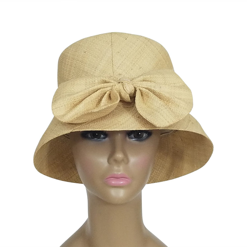 Ini: Authentic African Hand Woven Natural Madagascar Bell Shaped Raffia Hat with Bow
