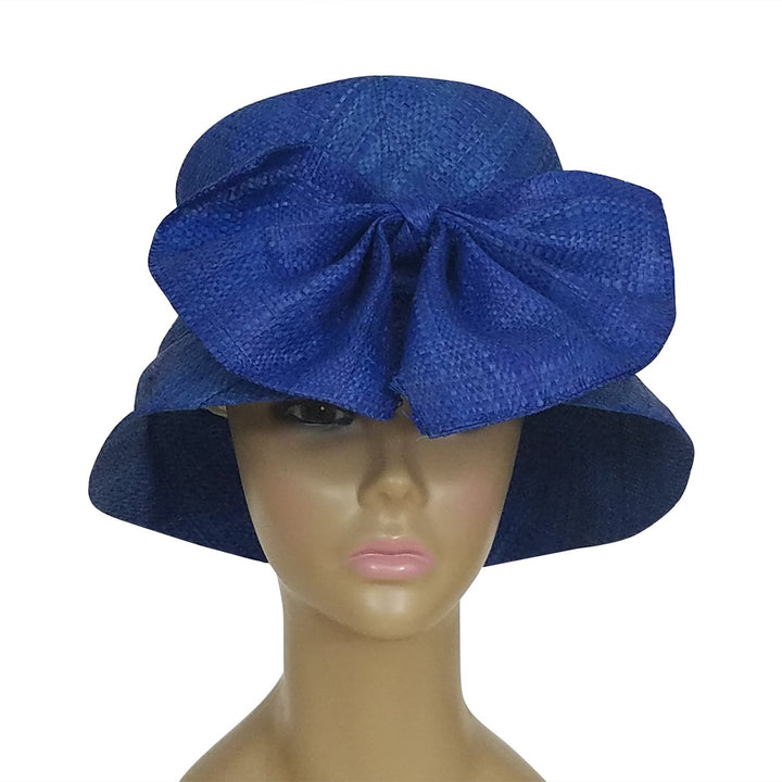 Amoy: Authentic African Hand Woven Blue Madagascar Bell Shaped Raffia Hat with Bow
