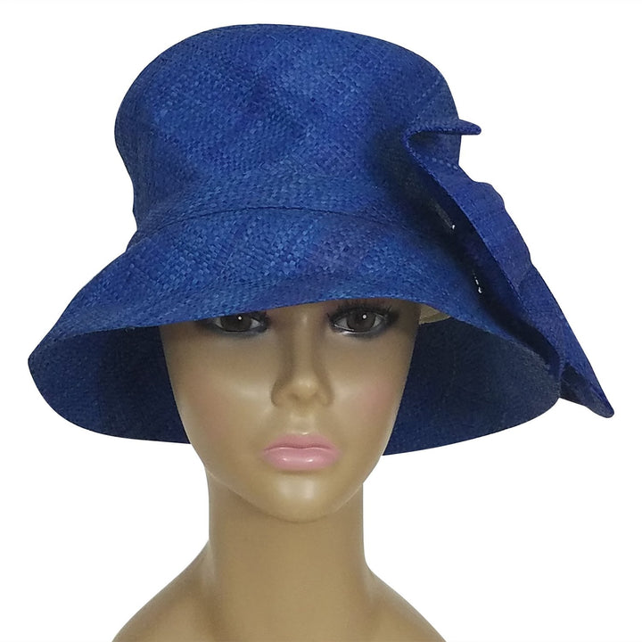 Amoy: Authentic African Hand Woven Blue Madagascar Bell Shaped Raffia Hat with Bow