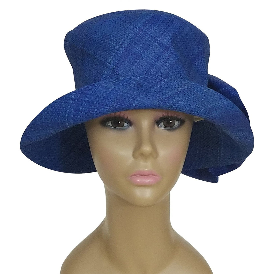 Amoy: Authentic African Hand Woven Blue Madagascar Bell Shaped Raffia Hat with Bow