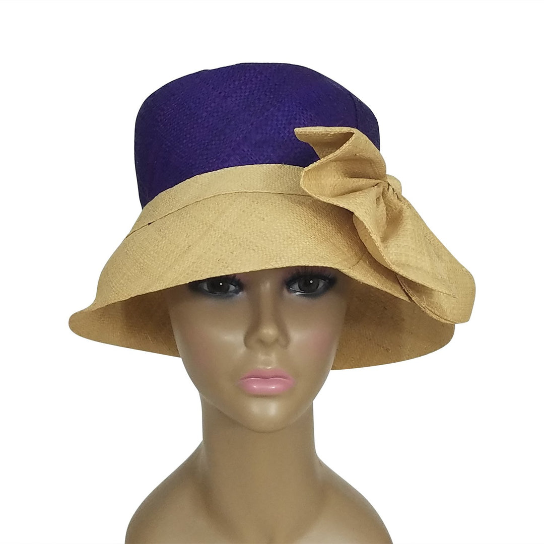 Ionie: Authentic African Hand Woven Purple and Natural Madagascar Bell Shaped Raffia Hat with Bow