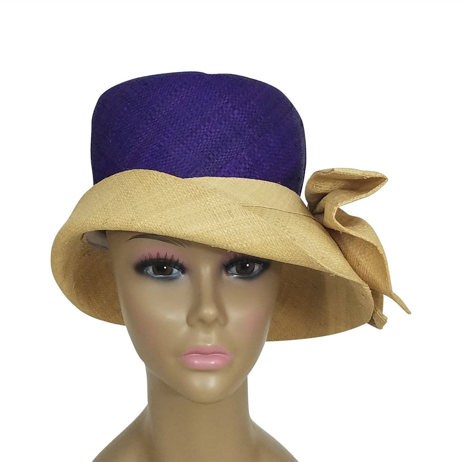 Ionie: Authentic African Hand Woven Purple and Natural Madagascar Bell Shaped Raffia Hat with Bow