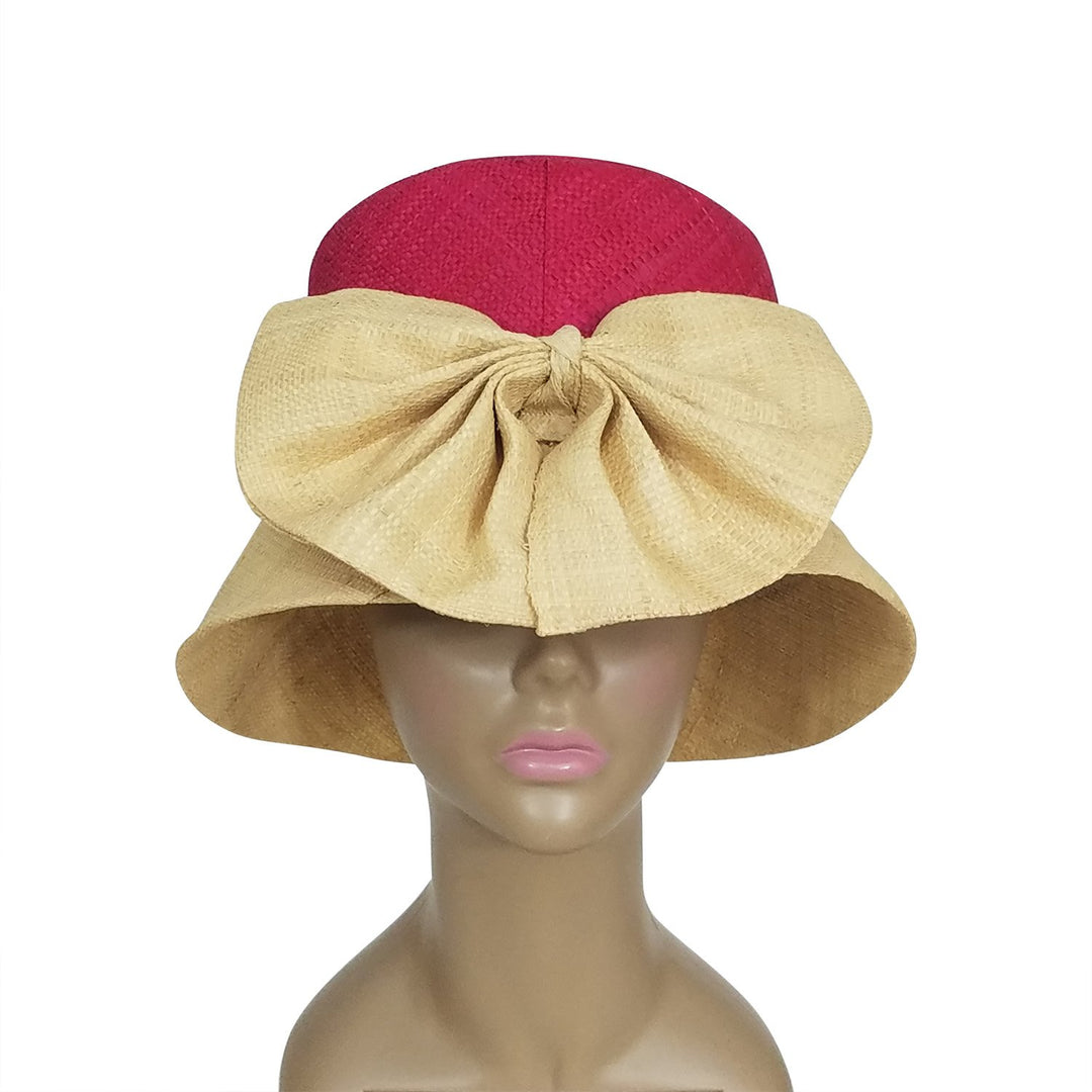 Dellyse: Authentic African Hand Woven Fuchsia and Natural Madagascar Bell Shaped Raffia Hat with Bow