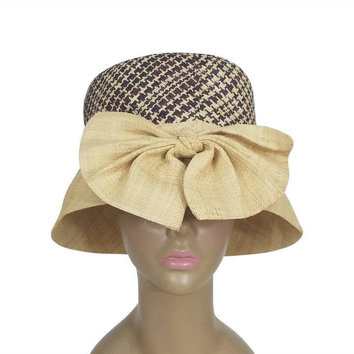 Chandice: Authentic African Hand Woven Wine and Natural Braided Madagscar Bell Shaped Raffia Hat with Bow