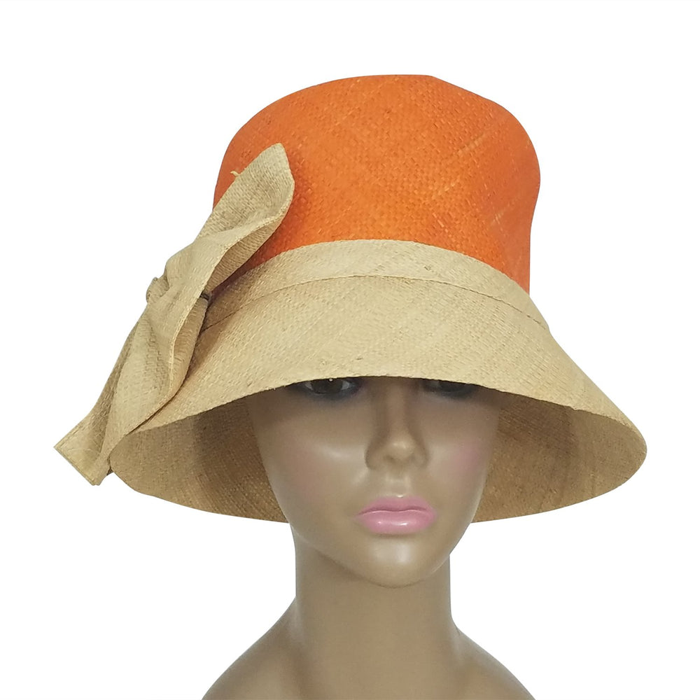 Cedella: Authentic African Hand Woven Orange and Natural Madagascar Bell Shaped Raffia Hat with Bow