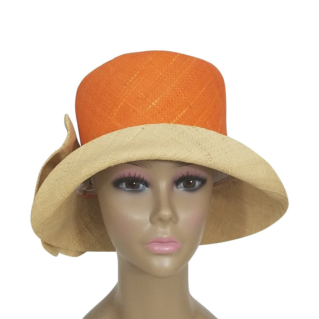 Cedella: Authentic African Hand Woven Orange and Natural Madagascar Bell Shaped Raffia Hat with Bow
