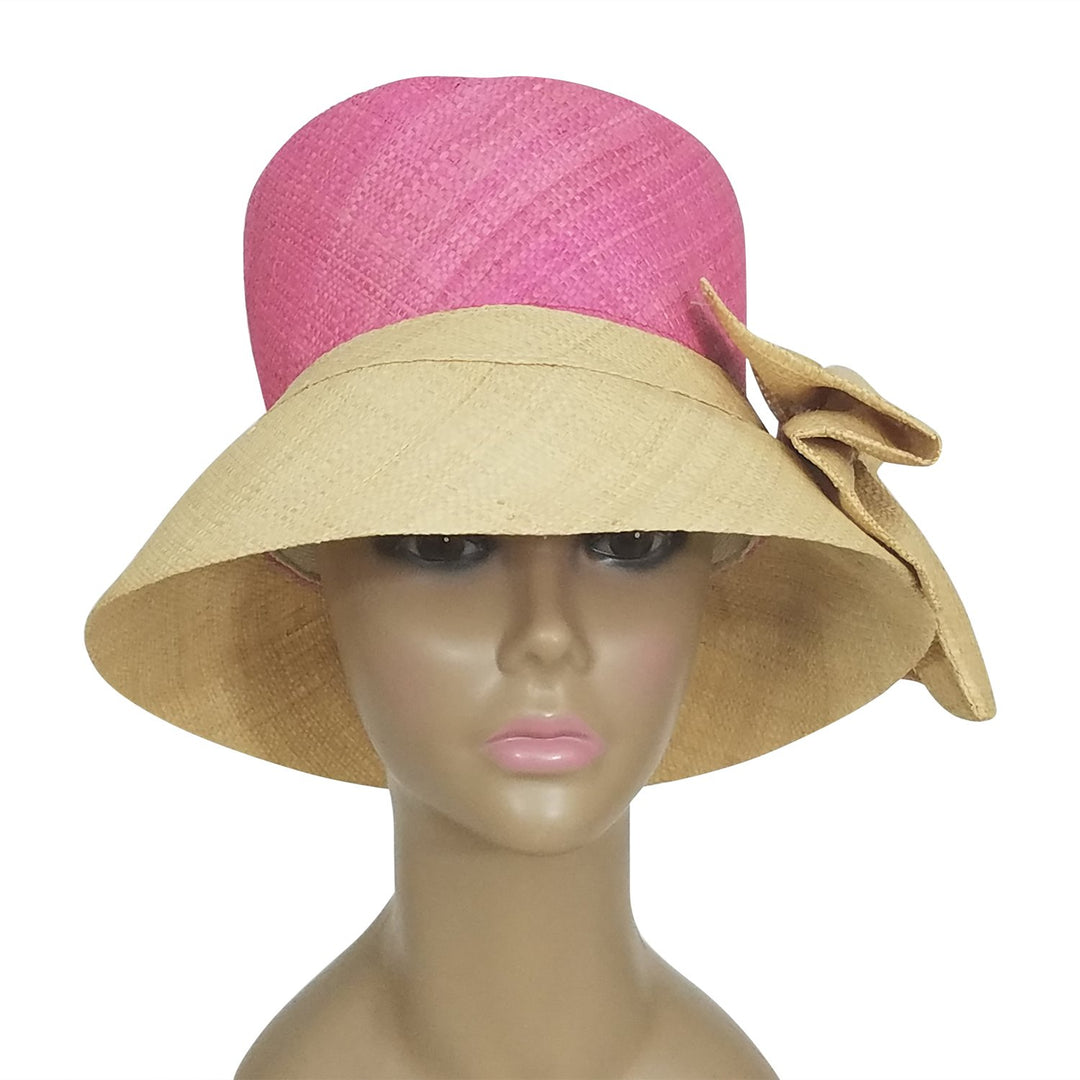 Azacca: Authentic African Hand Woven Pink and Natural Madagascar Bell Shaped Raffia Hat with Bow