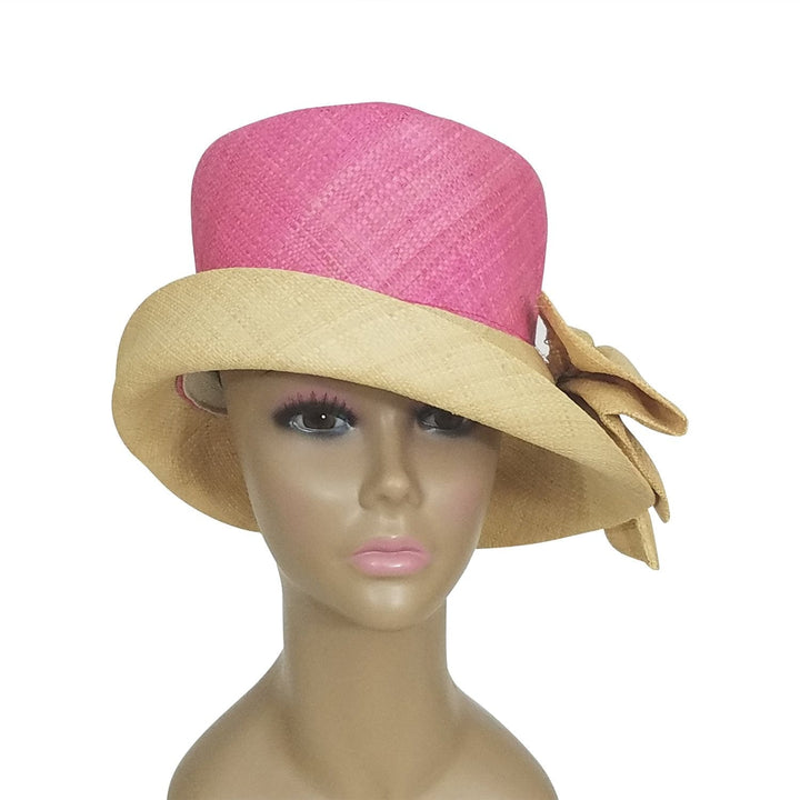 Azacca: Authentic African Hand Woven Pink and Natural Madagascar Bell Shaped Raffia Hat with Bow