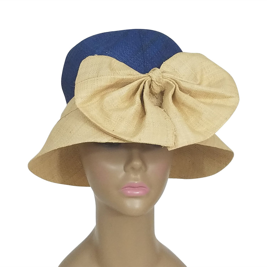 Apce: Authentic African Hand Woven Blue and Natural Madagascar Bell Shaped Raffia Hat with Bow