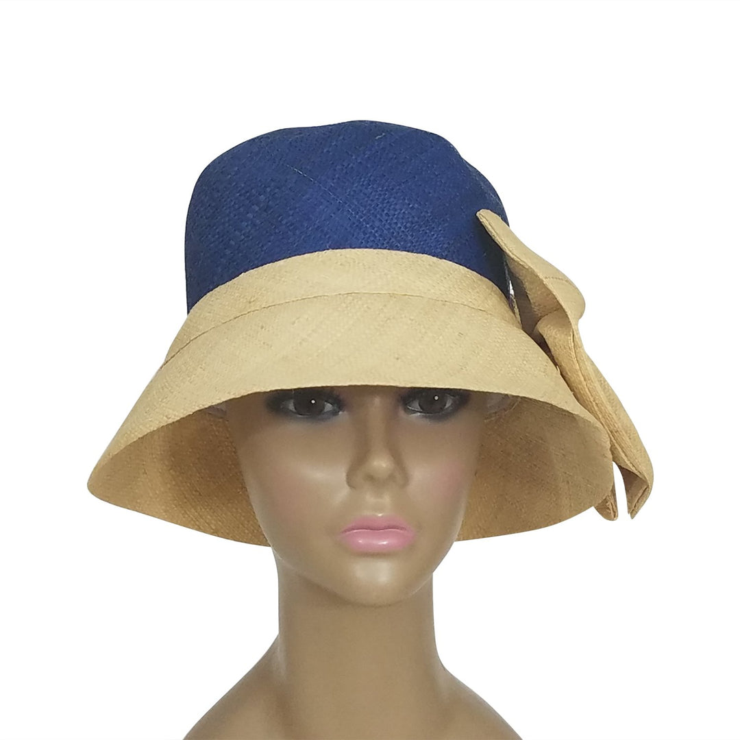 Apce: Authentic African Hand Woven Blue and Natural Madagascar Bell Shaped Raffia Hat with Bow