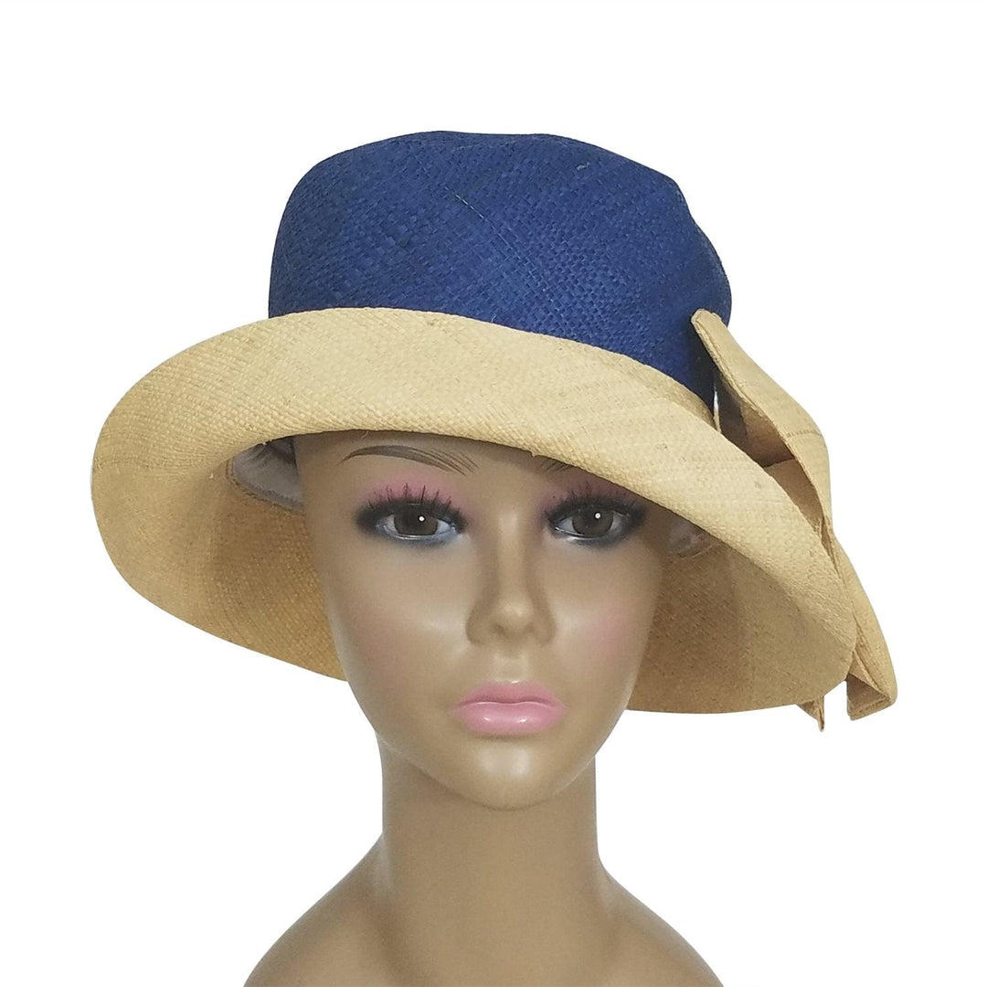 Apce: Authentic African Hand Woven Blue and Natural Madagascar Bell Shaped Raffia Hat with Bow