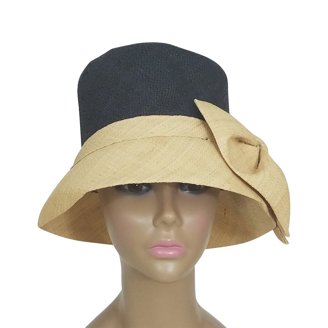 Amancia: Authentic African Hand Woven Black and Natural Madagascar Bell Shaped Raffia Hat with Bow