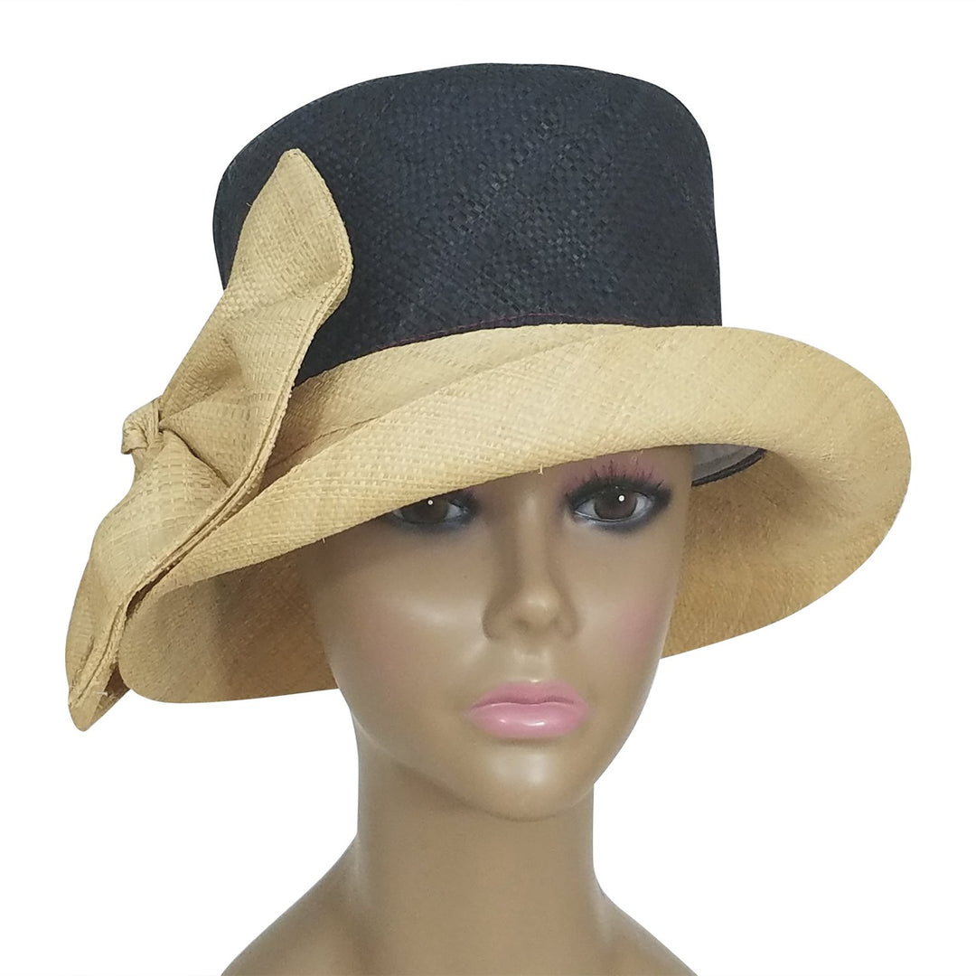Amancia: Authentic African Hand Woven Black and Natural Madagascar Bell Shaped Raffia Hat with Bow