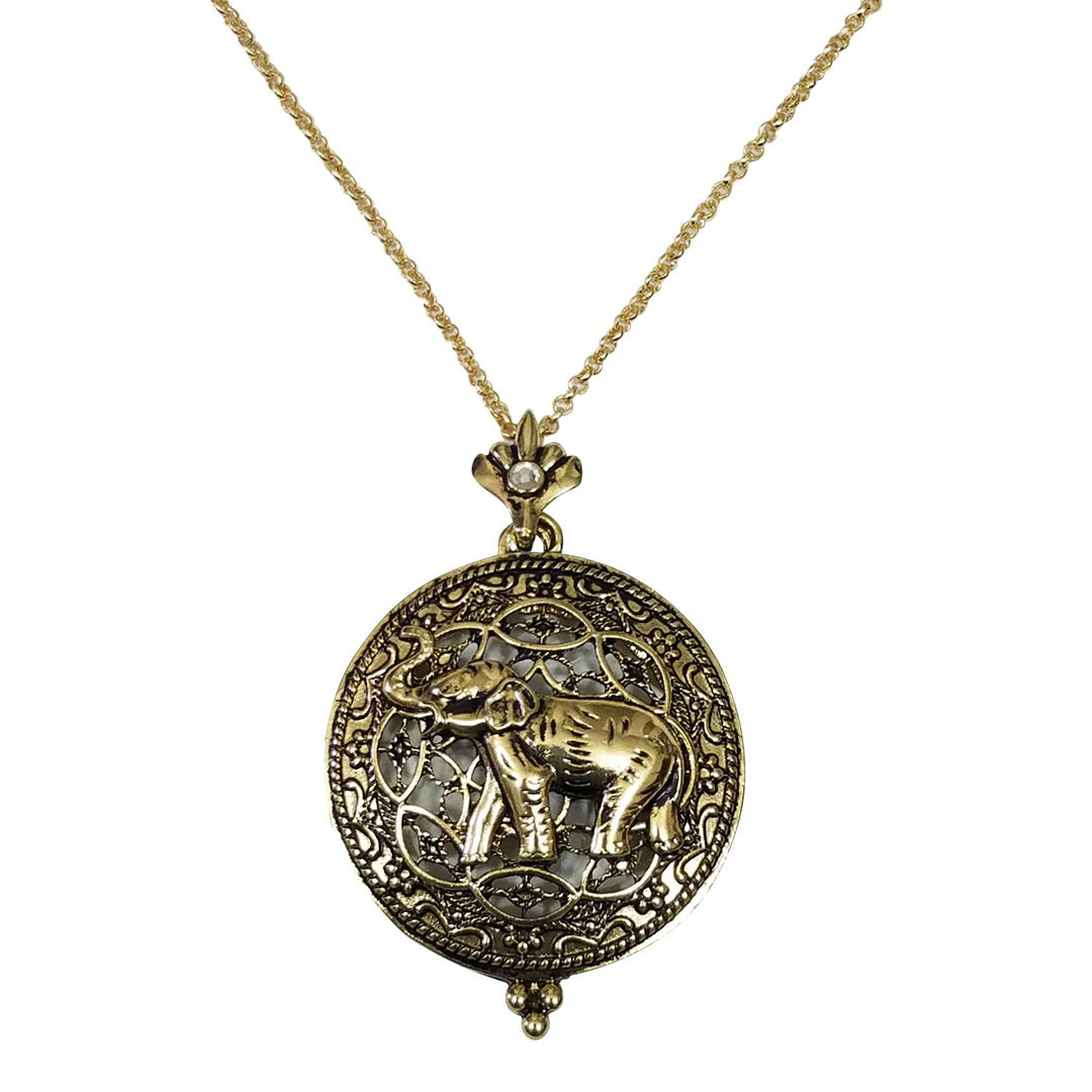 Gold Toned Elephant Magnifying Glass Pendant with Long Necklace