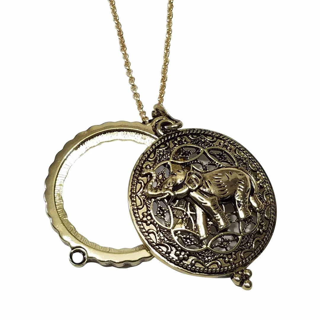Gold Toned Elephant Magnifying Glass Pendant with Long Necklace