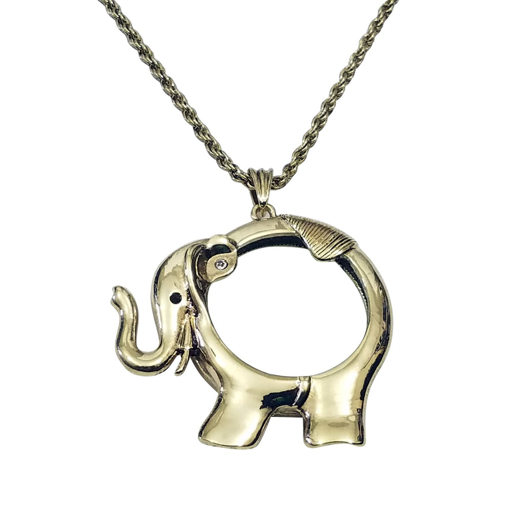 Gold Toned Elephant Magnifying Glass Pendant Necklace